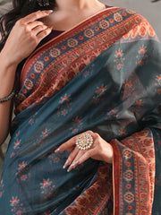Twilight Teal & Beige Shaded Digital Printed Half-Silk Saree