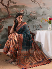 Twilight Teal & Beige Shaded Digital Printed Half-Silk Saree