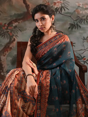 Twilight Teal & Beige Shaded Digital Printed Half-Silk Saree