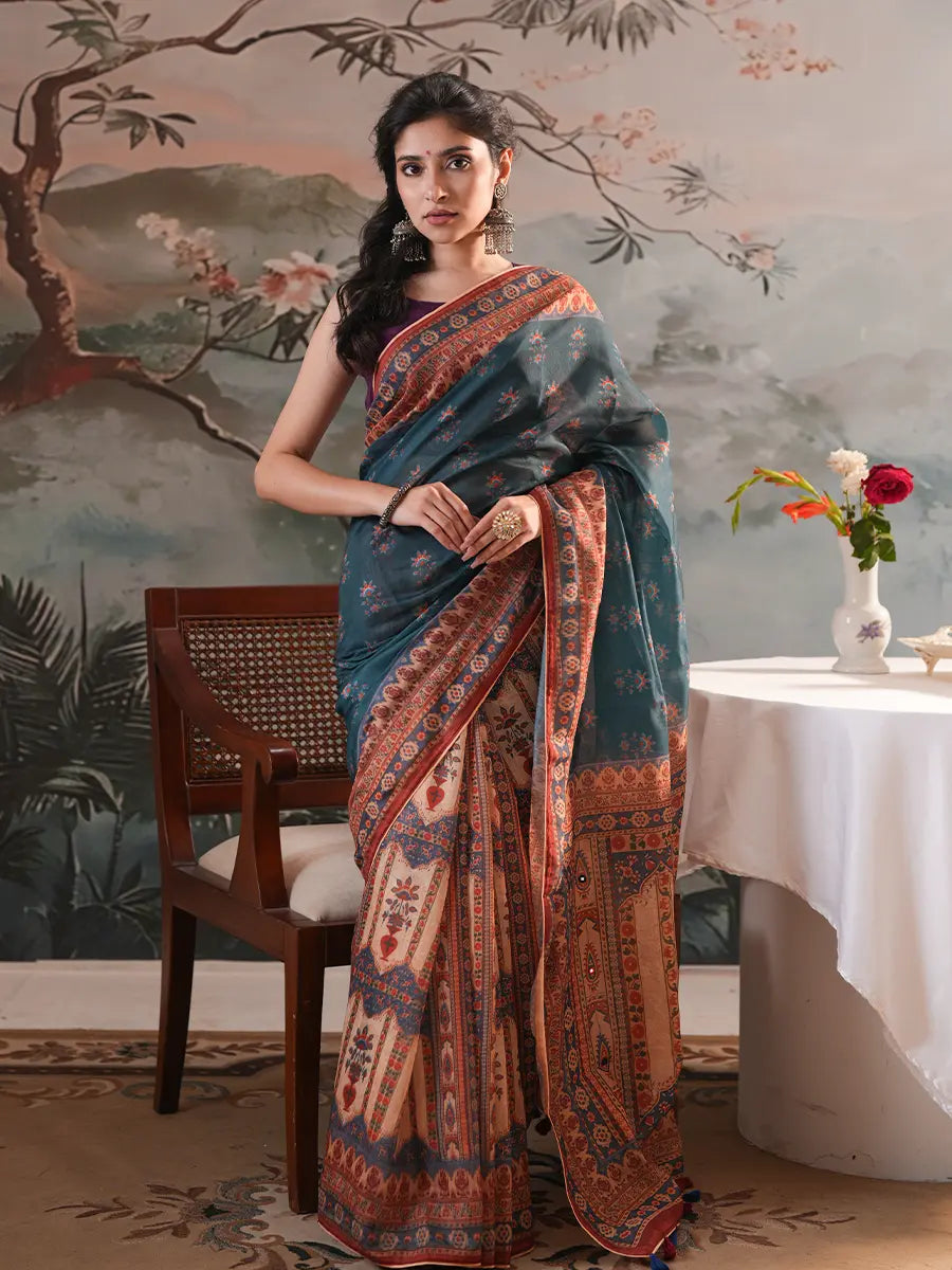 Twilight Teal & Beige Shaded Digital Printed Half-Silk Saree
