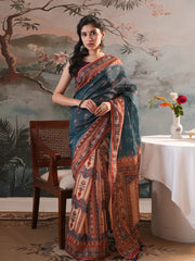 Twilight Teal & Beige Shaded Digital Printed Half-Silk Saree