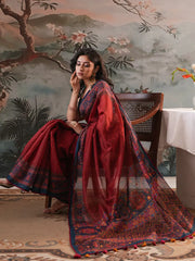 Royal Crimson Heritage Digital Printed Half-Silk Saree