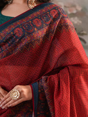 Royal Crimson Heritage Digital Printed Half-Silk Saree