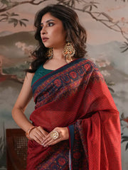 Royal Crimson Heritage Digital Printed Half-Silk Saree