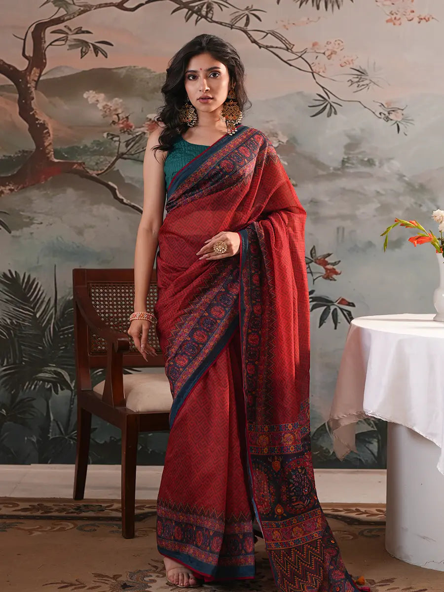 Royal Crimson Heritage Digital Printed Half-Silk Saree