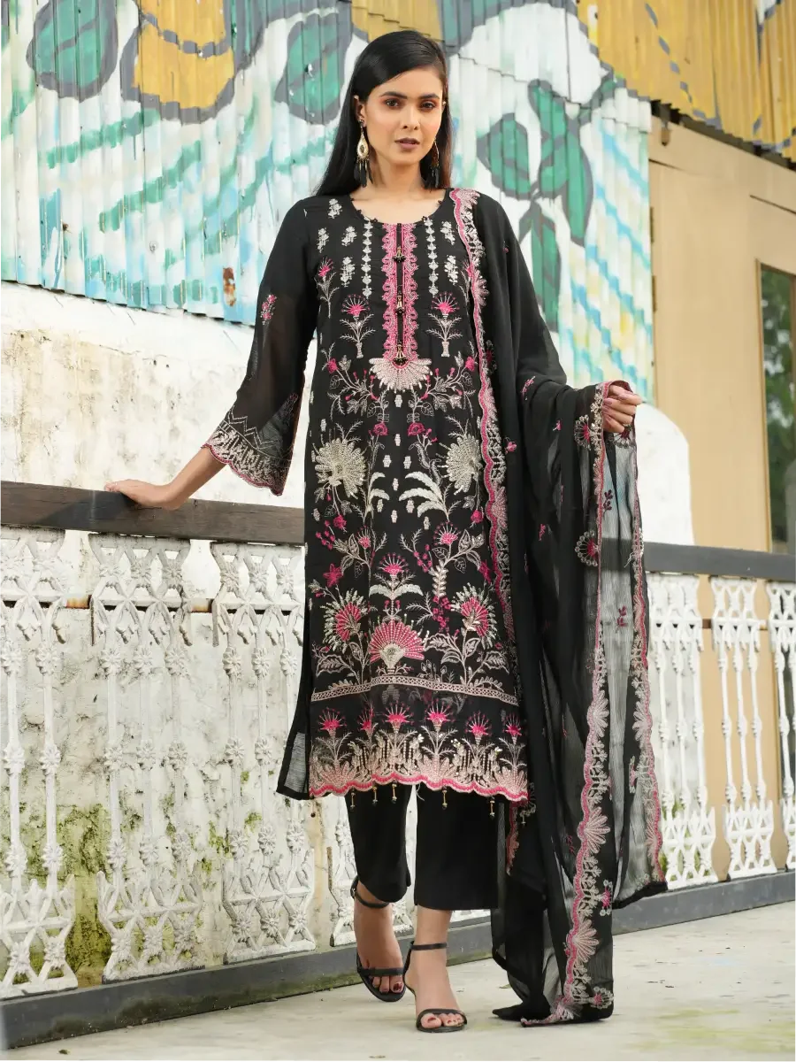 Black  Embroidered Festive Kurta Set with Dupatta