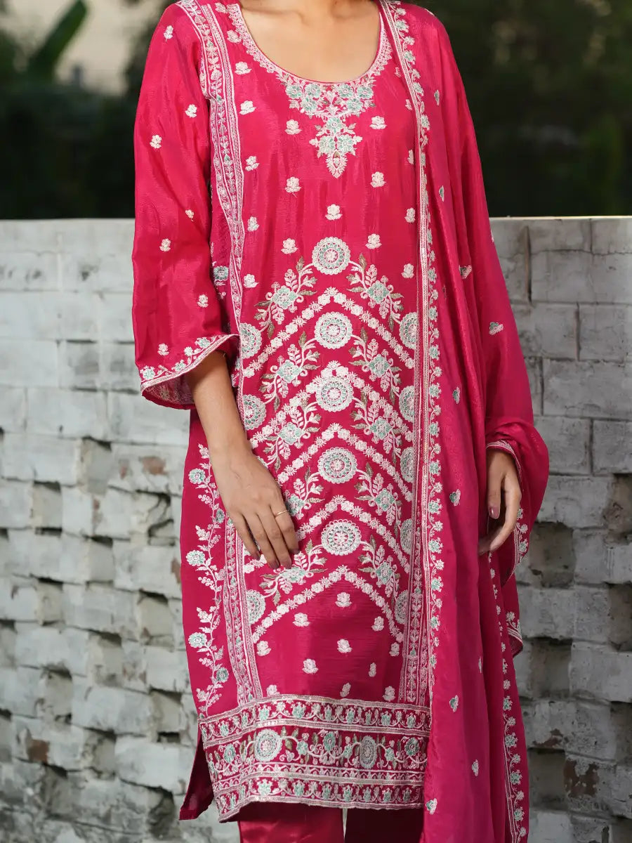 Elegant Pink Floral Embroidered Kurta Set with Dupatta