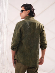 Tropical Palm Jacquard Shirt - Olive Green  Color
