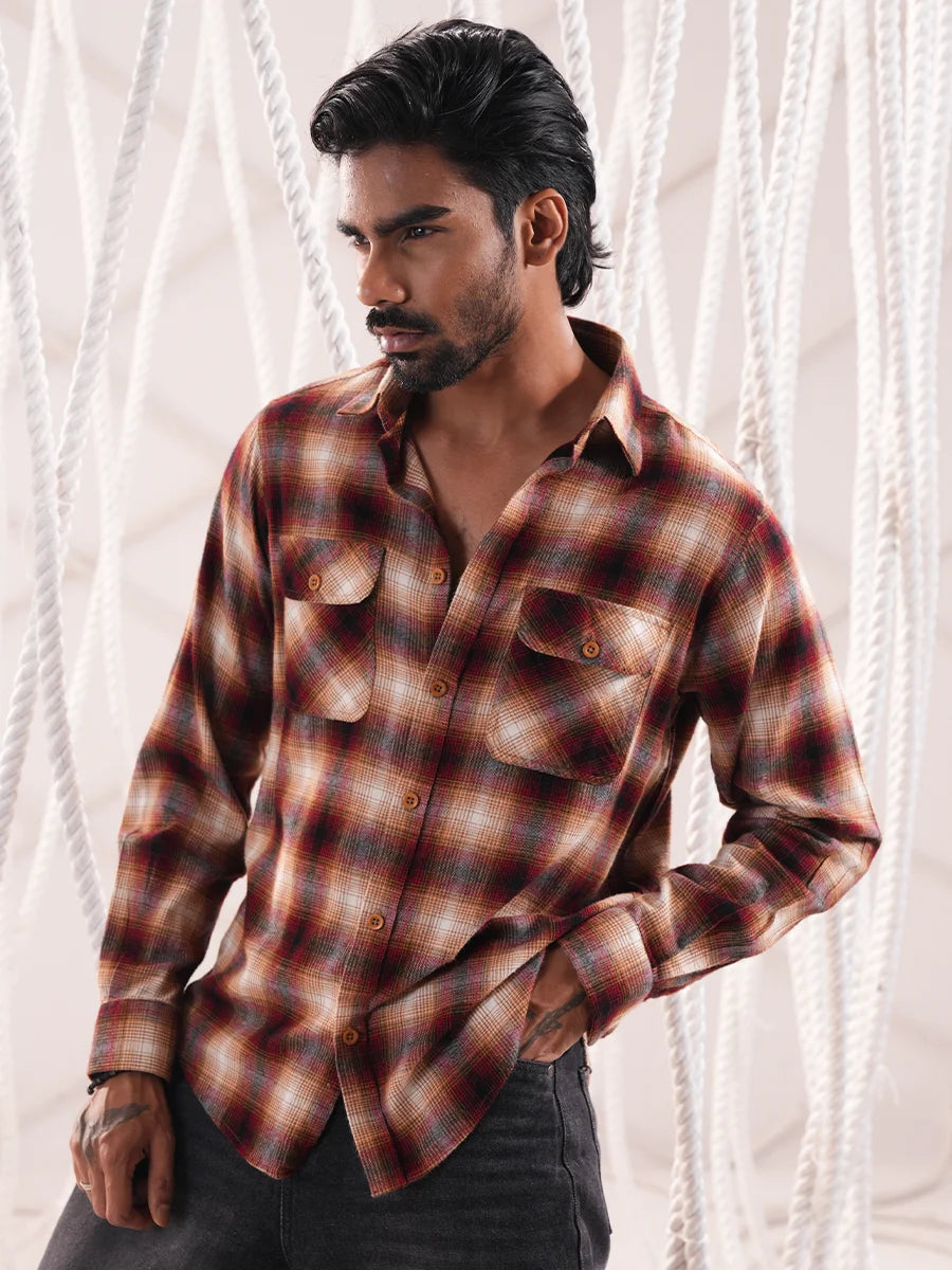 Men’s Rustic Check Flannel Double Pocket Shirt