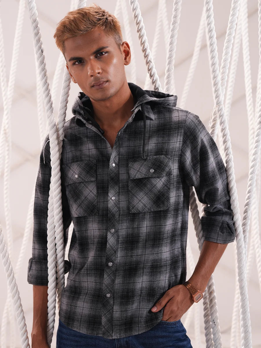 Men’s grey and black checkered  Flannel Hooded Shirt