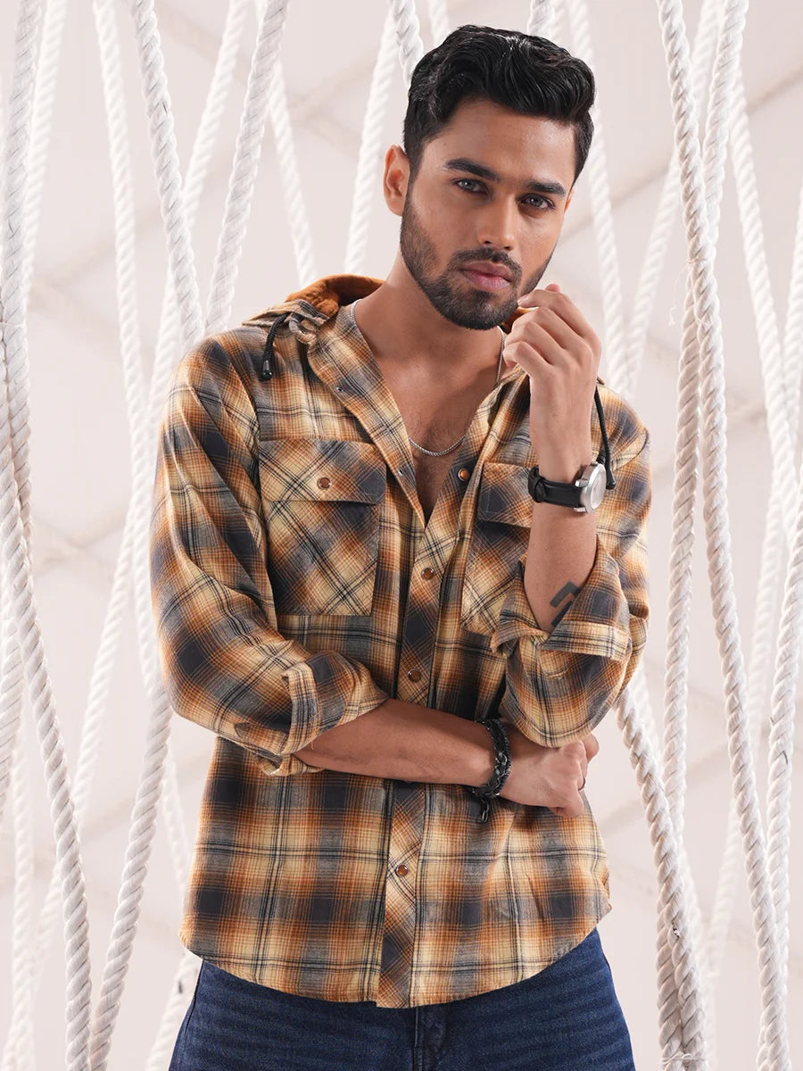 Men’s Mustard Check Flannel Hooded Shirt