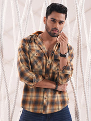 Men’s Mustard Check Flannel Hooded Shirt