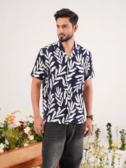 Navy Leaf Digital Printed Cuban Collar Shirt