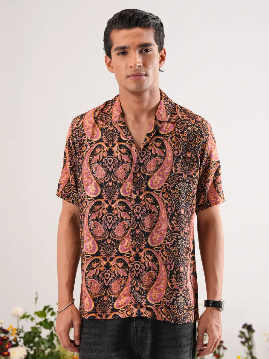 Midnight Paisley Digital Printed Cuban Collar Shirt
