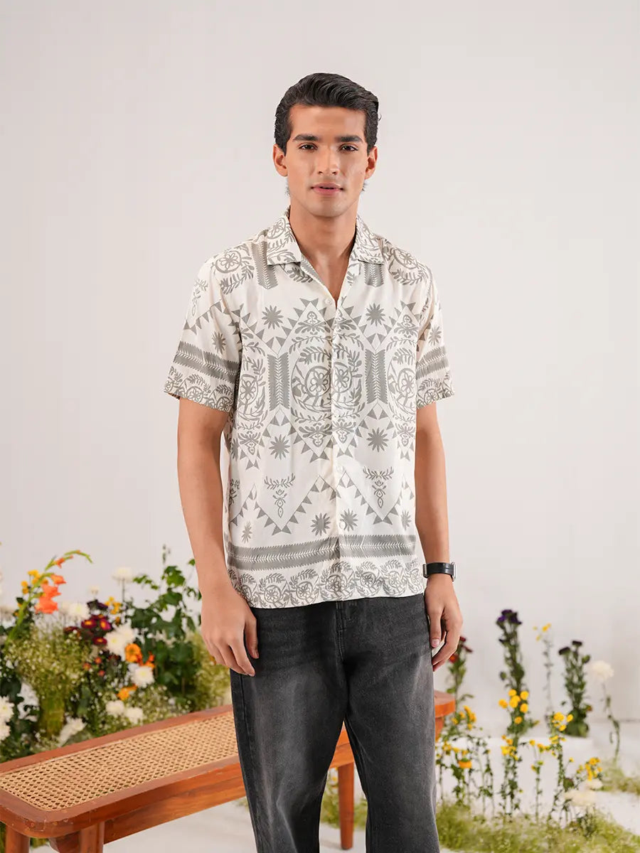 Boho Nomad" Geometric Cuban Collar Shirt