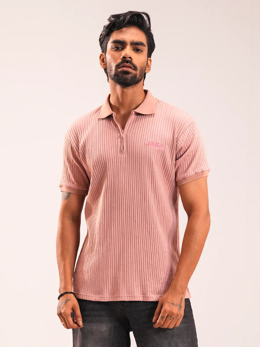 Men's dusty pink Textured Zip Polo