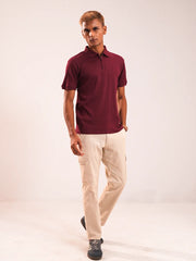 Men's Maroon Textured Zip Polo