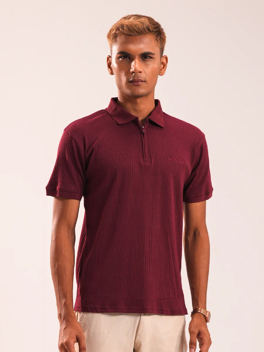 Men's Maroon Textured Zip Polo
