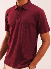Men's Maroon Textured Zip Polo
