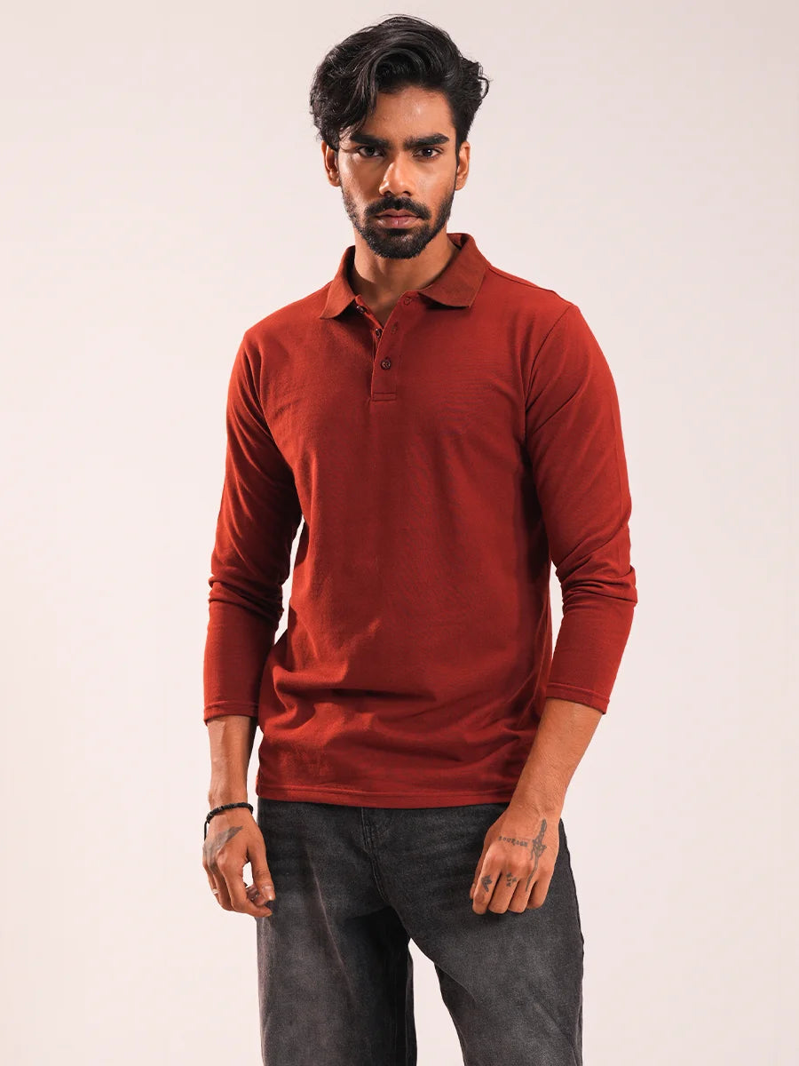 Men’s Rust Brown Full Sleeve Polo Shirt