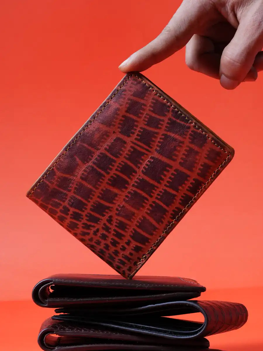 Croc-Embossed Compact Bi-Fold Wallet
