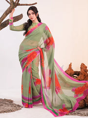 Spring Blossom Pistachio Chiffon Saree