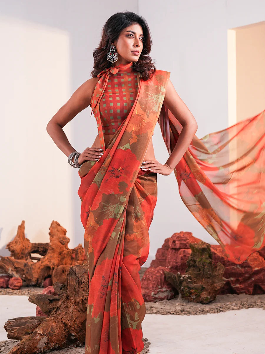 Desert Bloom Earth Toned Printed Chiffon Saree