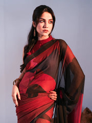 Crimson Contrast Geometric Printed Chiffon Saree