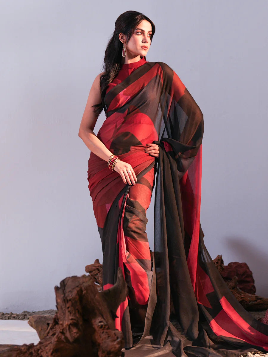 Crimson Contrast Geometric Printed Chiffon Saree