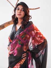 Midnight Bloom Digital Printed Chiffon Saree