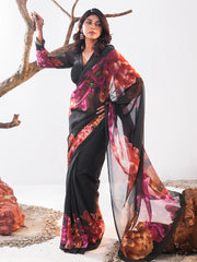 Midnight Bloom Digital Printed Chiffon Saree