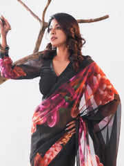 Midnight Bloom Digital Printed Chiffon Saree