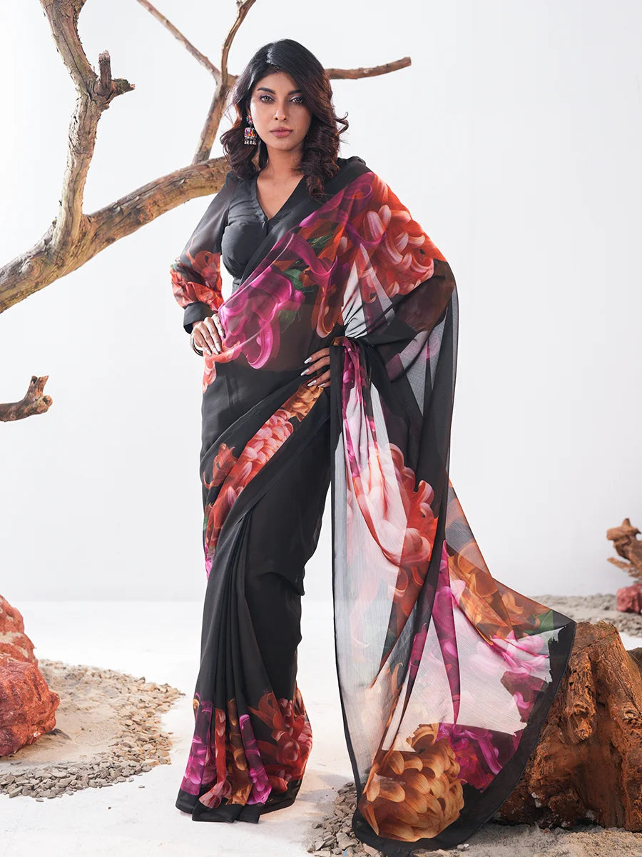 Midnight Bloom Digital Printed Chiffon Saree