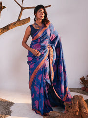 Indigo Bloom Hand-Embroidered Silk Saree